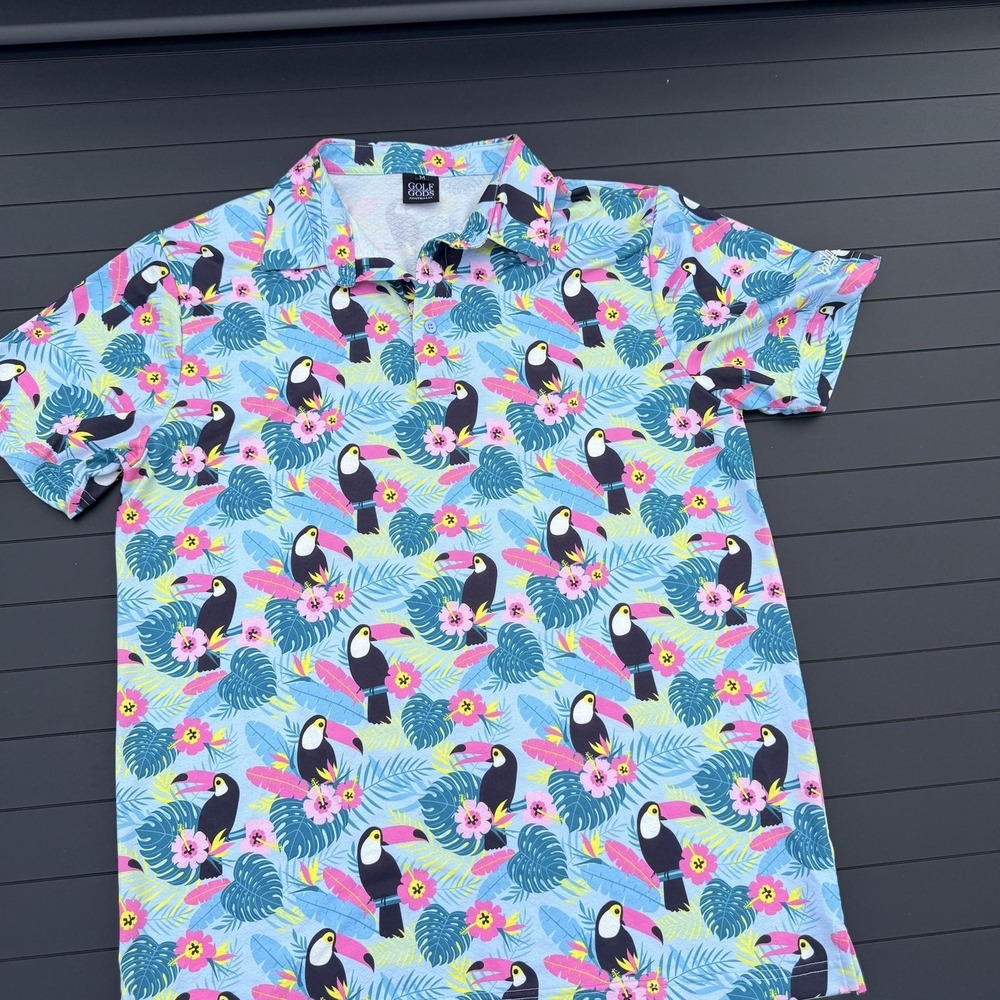 Golf Gods Polo Shirt Mens Medium Blue Toucan Tropical Print Golf Performance